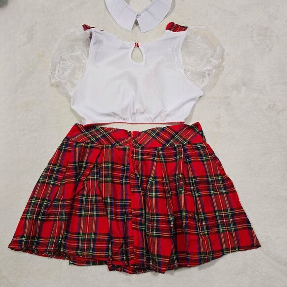Party King ✦ Schoolgirl Costume Set ✦ Plaid Skirt White Crop Top Collar Hair Bow - Picture 5 of 13